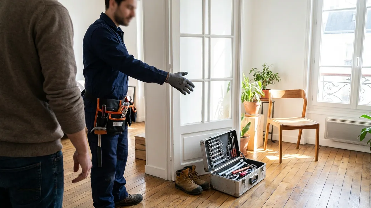 Poignée de main entre un plombier et un client sur le pas de porte d'un logement à Pantin, caisse à outils ouverte