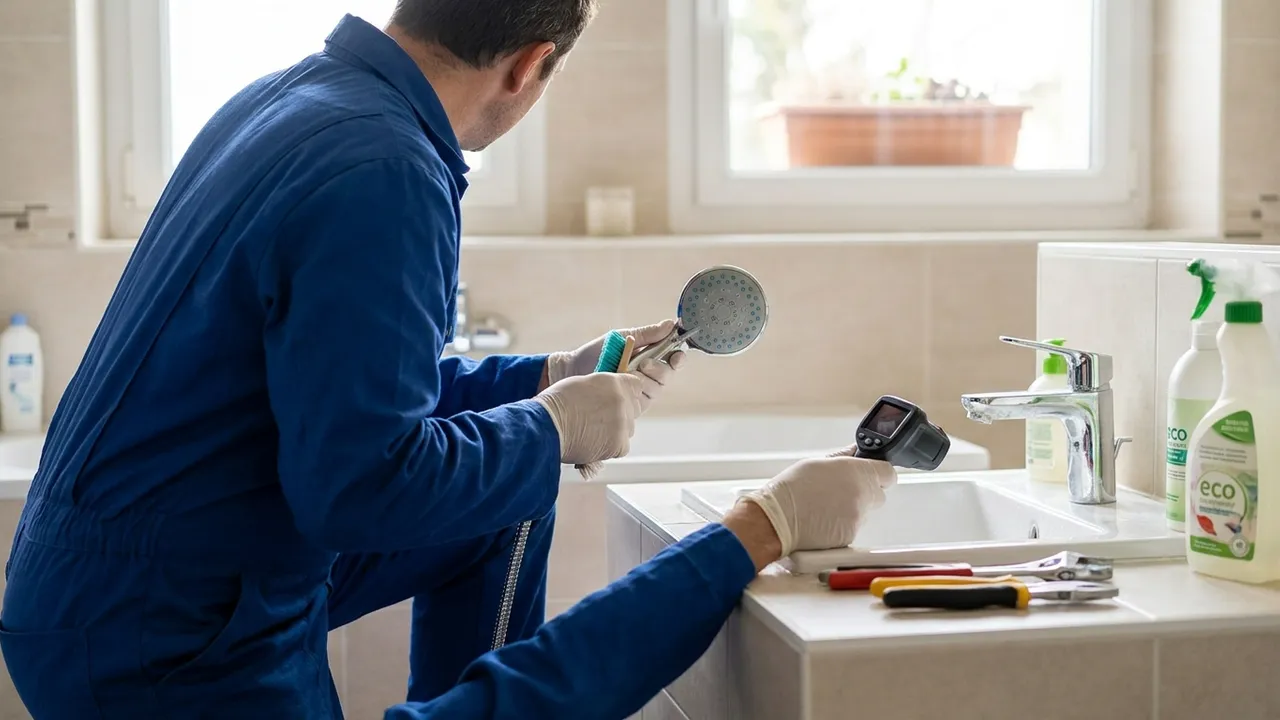 Plombier détartrant une pomme de douche couverte de dépôts calcaires dans une salle de bain à Pantin