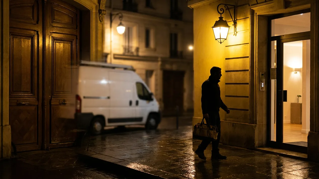 Plombier arrivant de nuit avec sa sacoche d'outils devant un immeuble résidentiel de Pantin