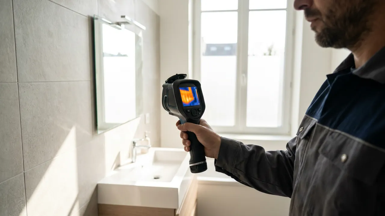 Plombier utilisant une caméra thermique pour localiser une fuite d'eau cachée derrière un mur de salle de bain à Pantin